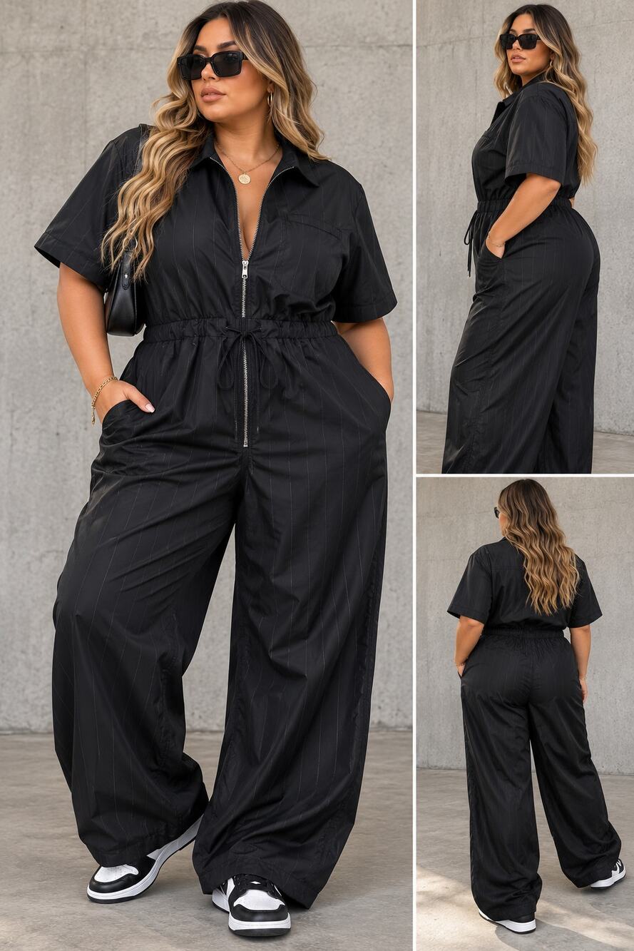 Jordan Womens XXL Black Loose Fit Jumpsuit Pinstripe Zip Utility NWT DM5235-010